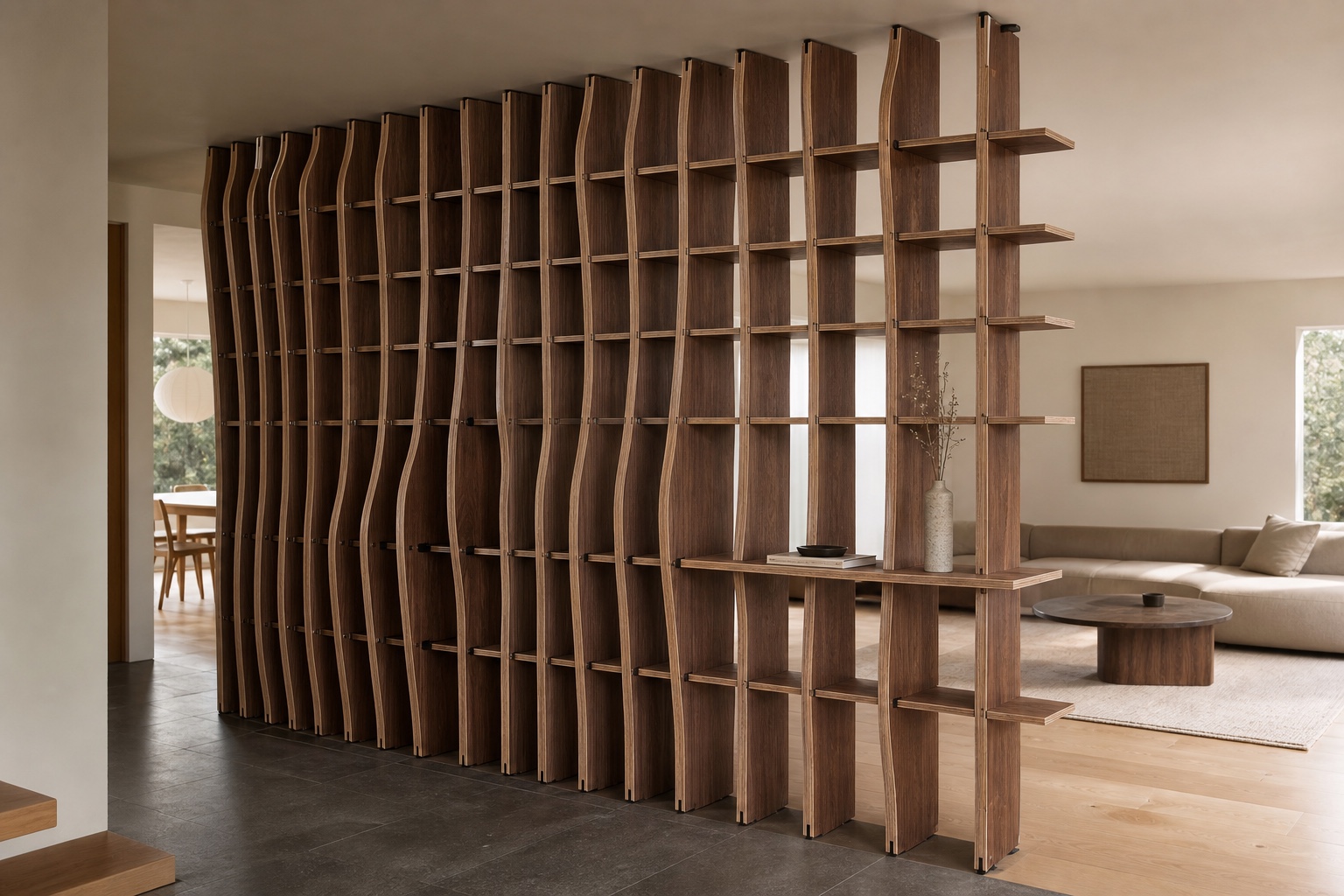 Interlocking walnut waffle room divider with a privacy gradient