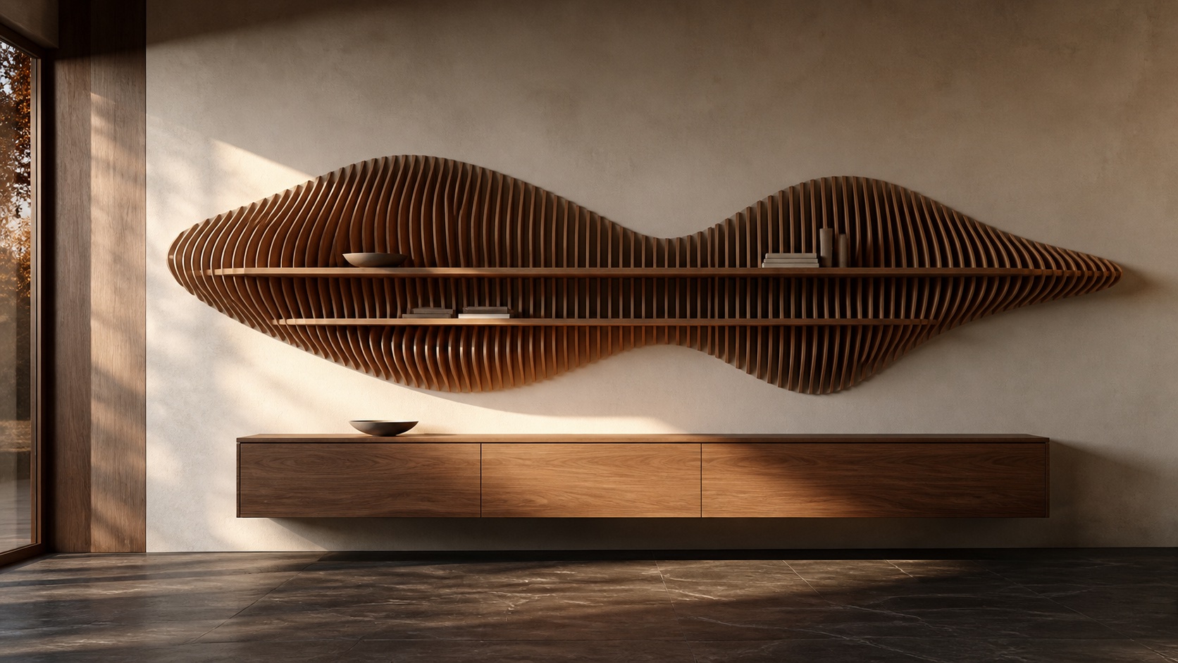 Large sectional walnut wall shelving